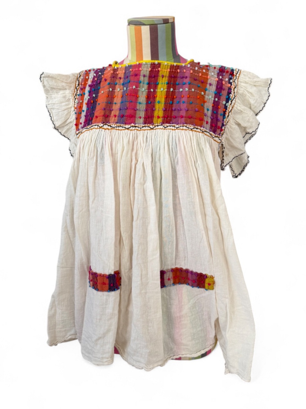Handmade Gauzy Embroidered High Square Neck Colorful Knotted Top Flutter Sleeve